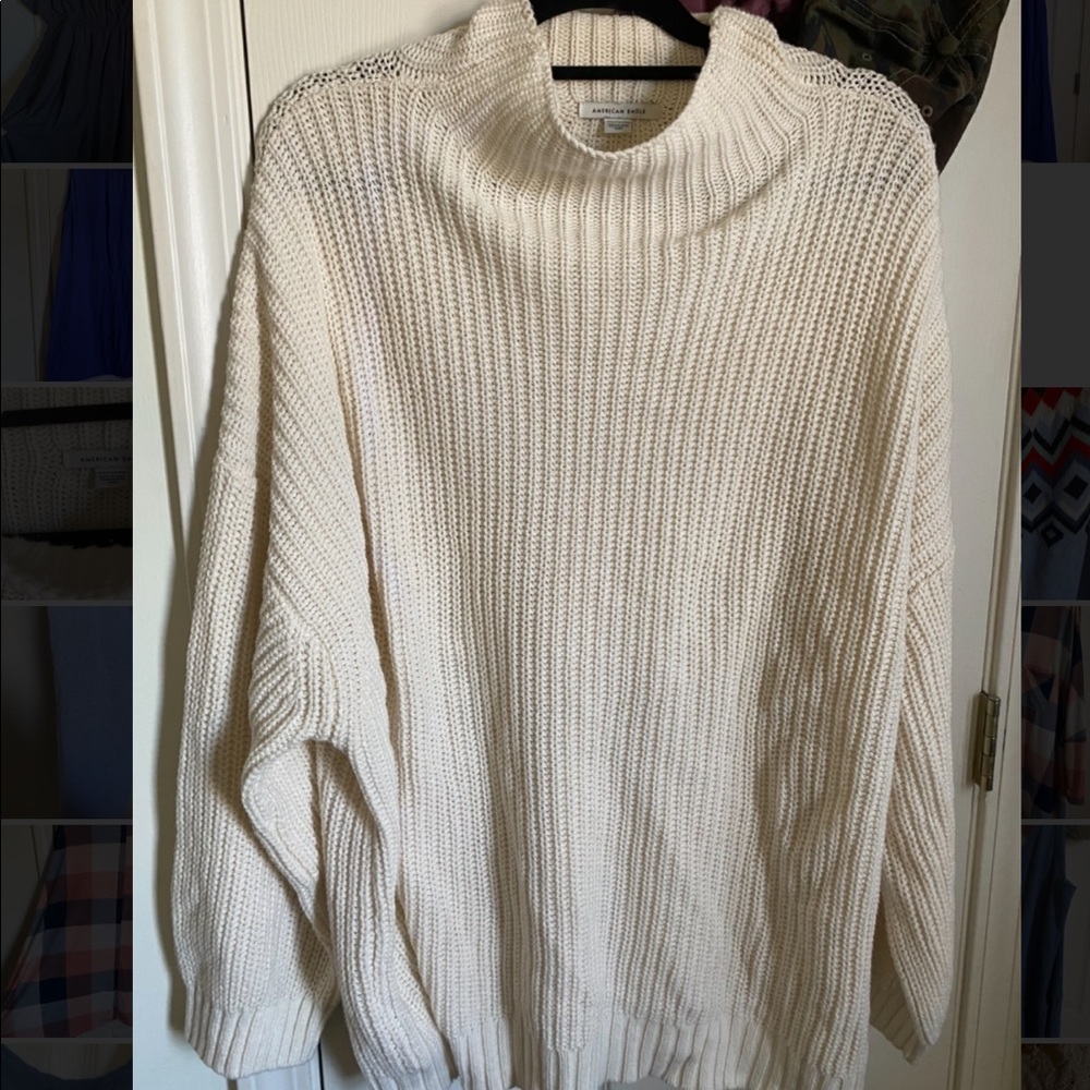 Cream white cable knit mock neck sweater